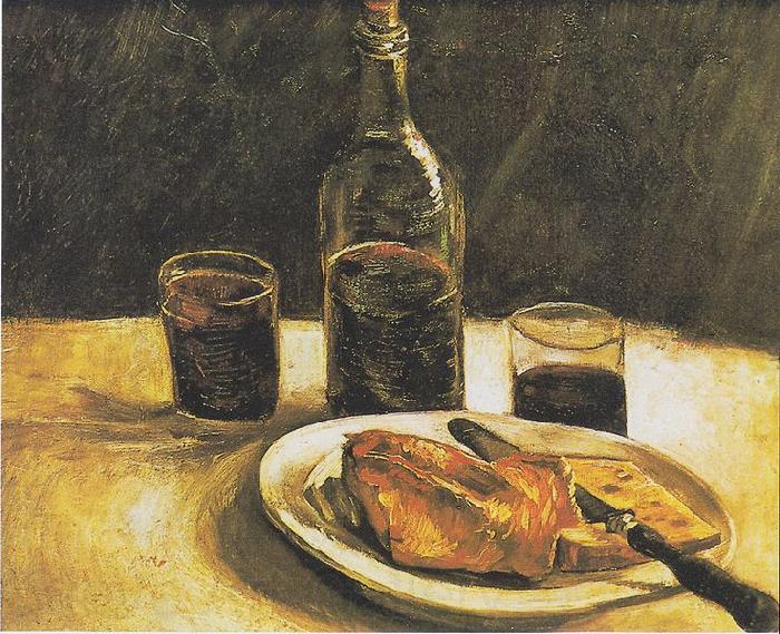Vincent Van Gogh Still life with bottle, two glasses, cheese and bread
